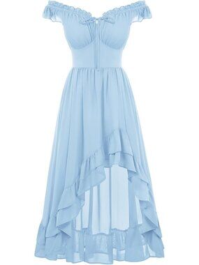 Women's Renaissance Corset Dress Off Shoulder High-Low Chiffon Midi Dress-L Blue